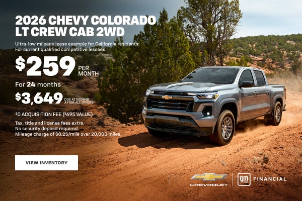 2026 Chevy Colorado LT Crew Cab 2WD. Ultra-low mileage lease example for California residents: Fo...